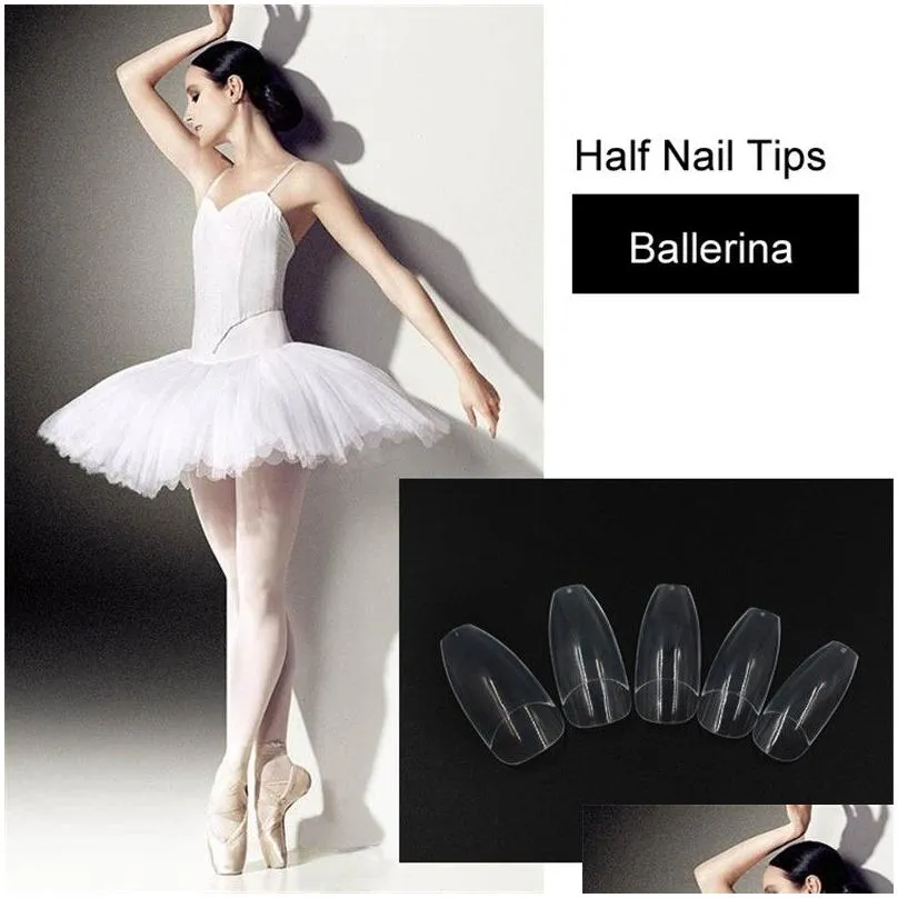 False Nails Wholesale-500Pcs Long Ballerina Half Nail Tips Clear Coffin Abs Artificial Diy Fake Uv Gel Art High Quality Drop Delivery Otfbe