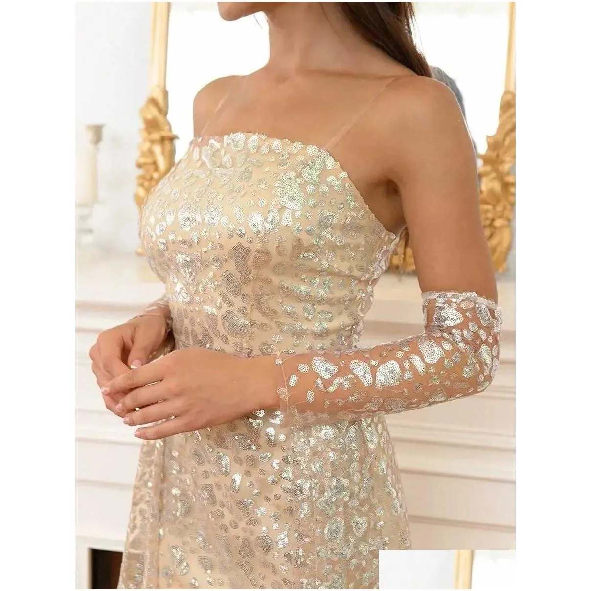 2022 autumn new arrival fashion sequins elegant gown long sleeved temperament see-through ladies evening dress vestidos