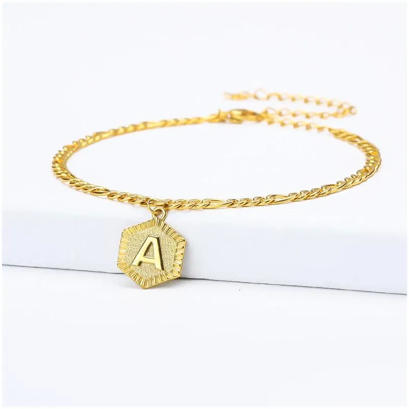 Anklets Dainty A Z letter Anklet Hexagon Shaped Initial Ankle Bracelet Stainless Steel Feet Jewelry Leg Chain Women Men Gifts 230107