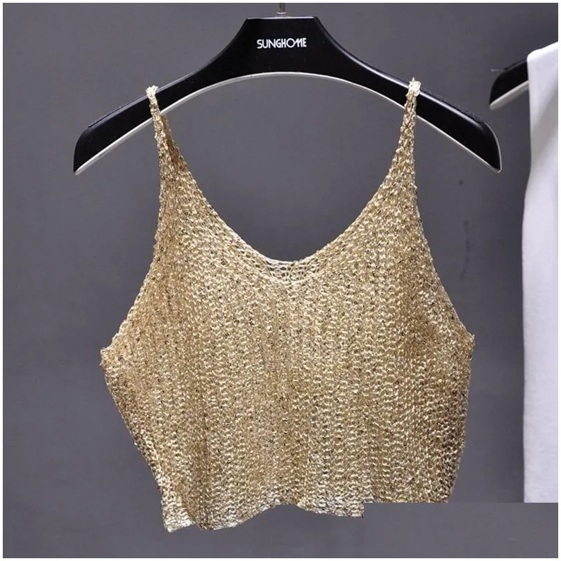 Camisoles & Tanks Sparkling Sequins Half Waist Render Knitwear Hollowout Is Y Condole Top Cropped Streetwear Woman Tops Summer 230508 Dh49Q