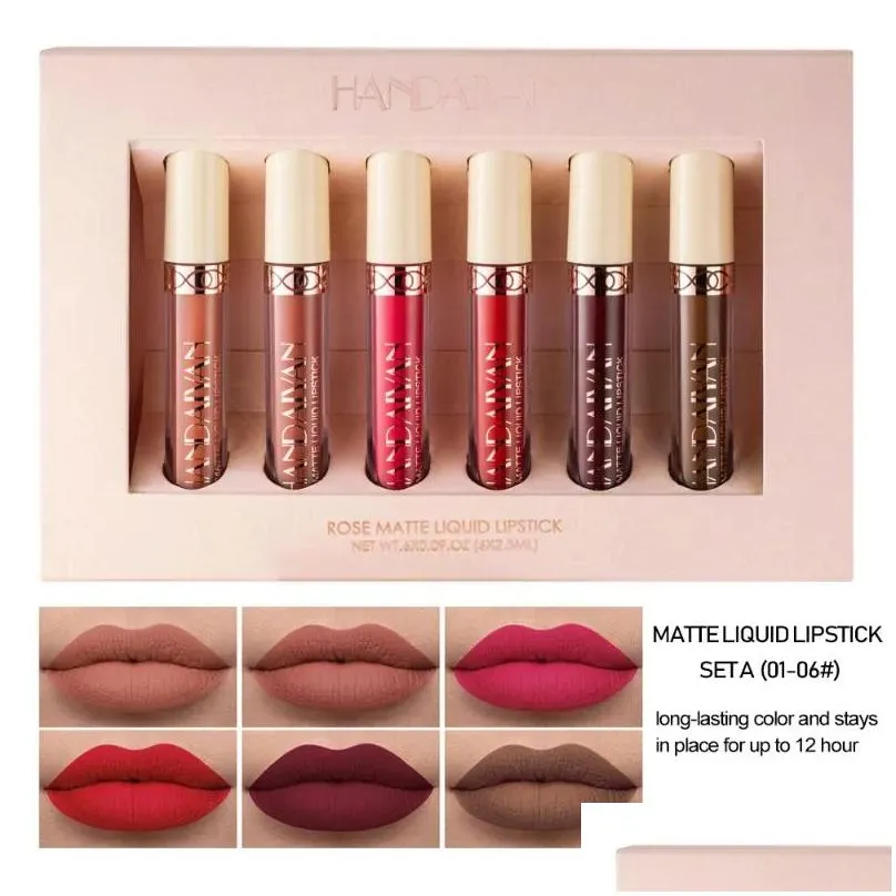 Lip Gloss Rose Matte Liquid Lipstick Set Nude Non-Stick Cup Waterproof Long Lasting Lipgloss Kit Makeup 6 Pcs/Set Drop Delivery Otfnr