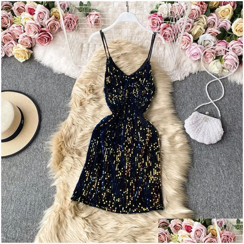 women casual dresses sequined dress chic sexy night club strap summer super shiny sleeveless o-neck beach dress ins hot 2022