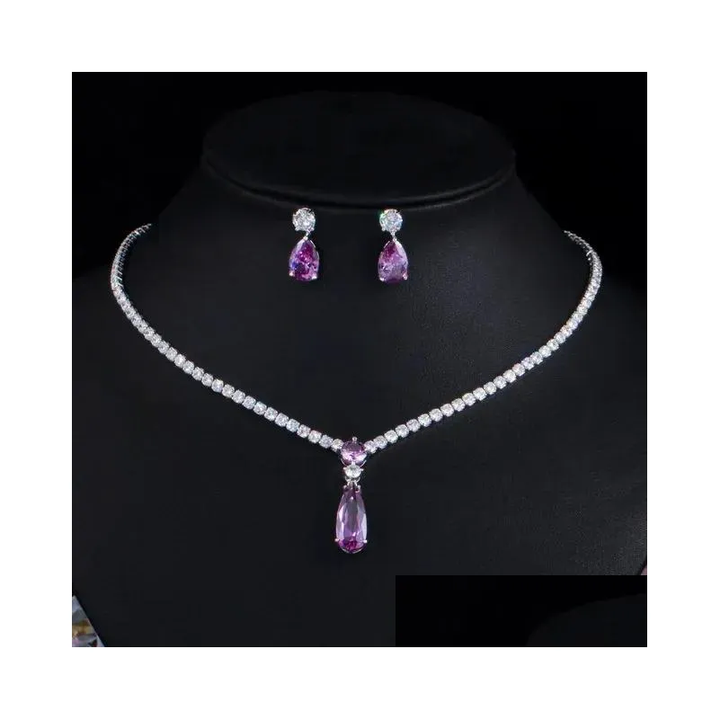 Wedding Jewelry Sets Cwwzircons Top Red Purple Cubic Zirconia Water Drop Fashion Women Engagement Party Set For Bridesmaid Gift T525 Dh4Rf