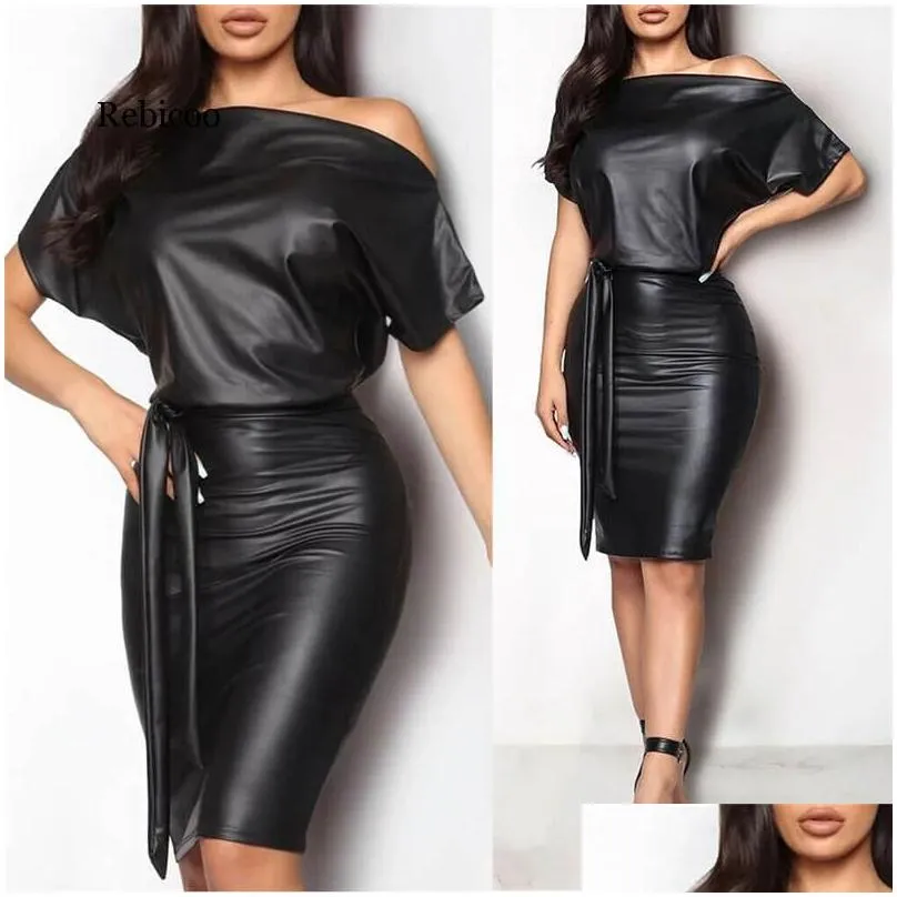 Casual Dresses Black Asymmetrical Sexy Faux Leather Bodycon Dress Women Summer Long Sleeve Knee Length Pencil