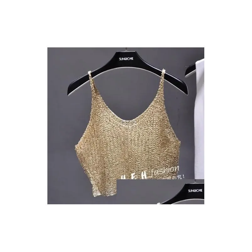 Camisoles & Tanks Sparkling Sequins Half Waist Render Knitwear Hollowout Is Y Condole Top Cropped Streetwear Woman Tops Summer 230508 Dh49Q