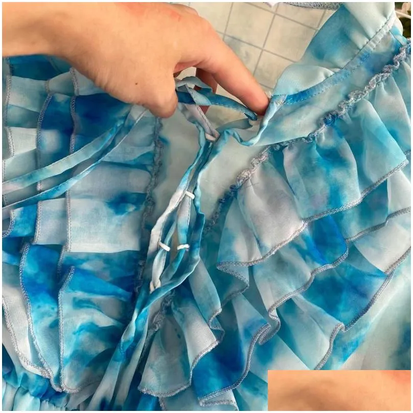 autumn 2022 blue tie-dye mini dress women sweet ruffle chiffon vestidos female elegant flare long sleeve irregular robe fashion