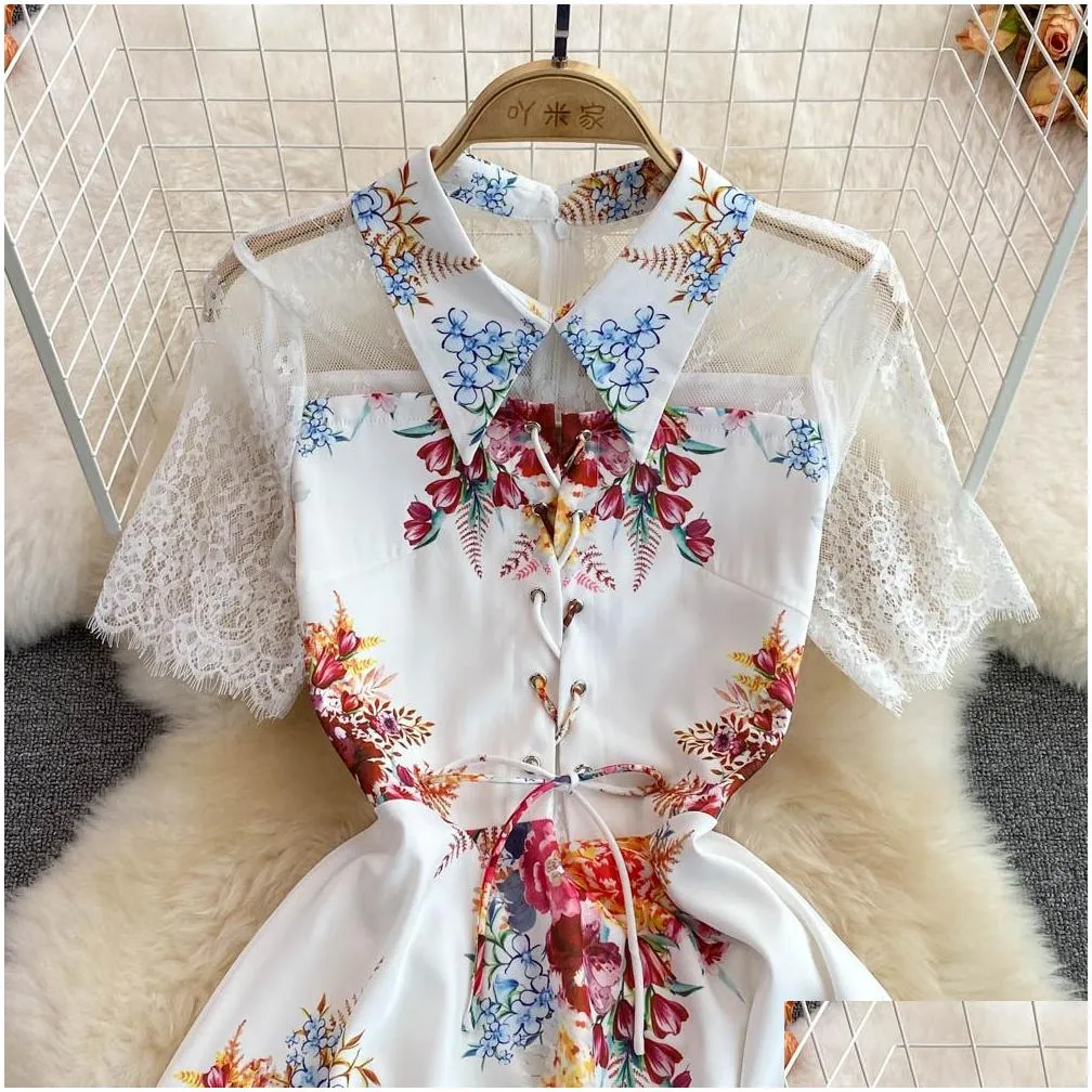 casual work mini dress women turn down neck lace short sleeve floral print lace up belt party vestidos 2022