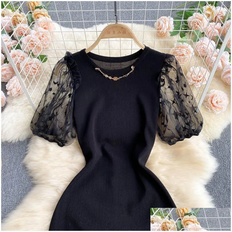 2023 ladies mesh work women`s two piece pants dresses suits women puff short sleeve knitted dress high waist belt slim gauze split skirt