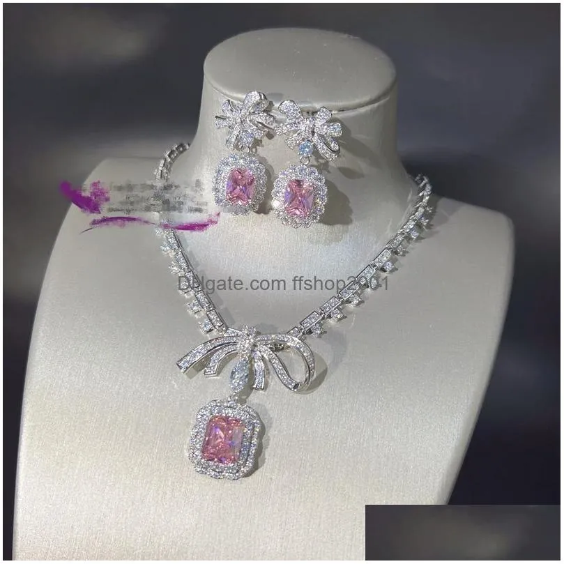 2024 ins top sell wedding jewelry sets luxury jewelry 925 sterling silver fill radiant shape pink topaz cz diamond dangle earrings women pendant necklace open