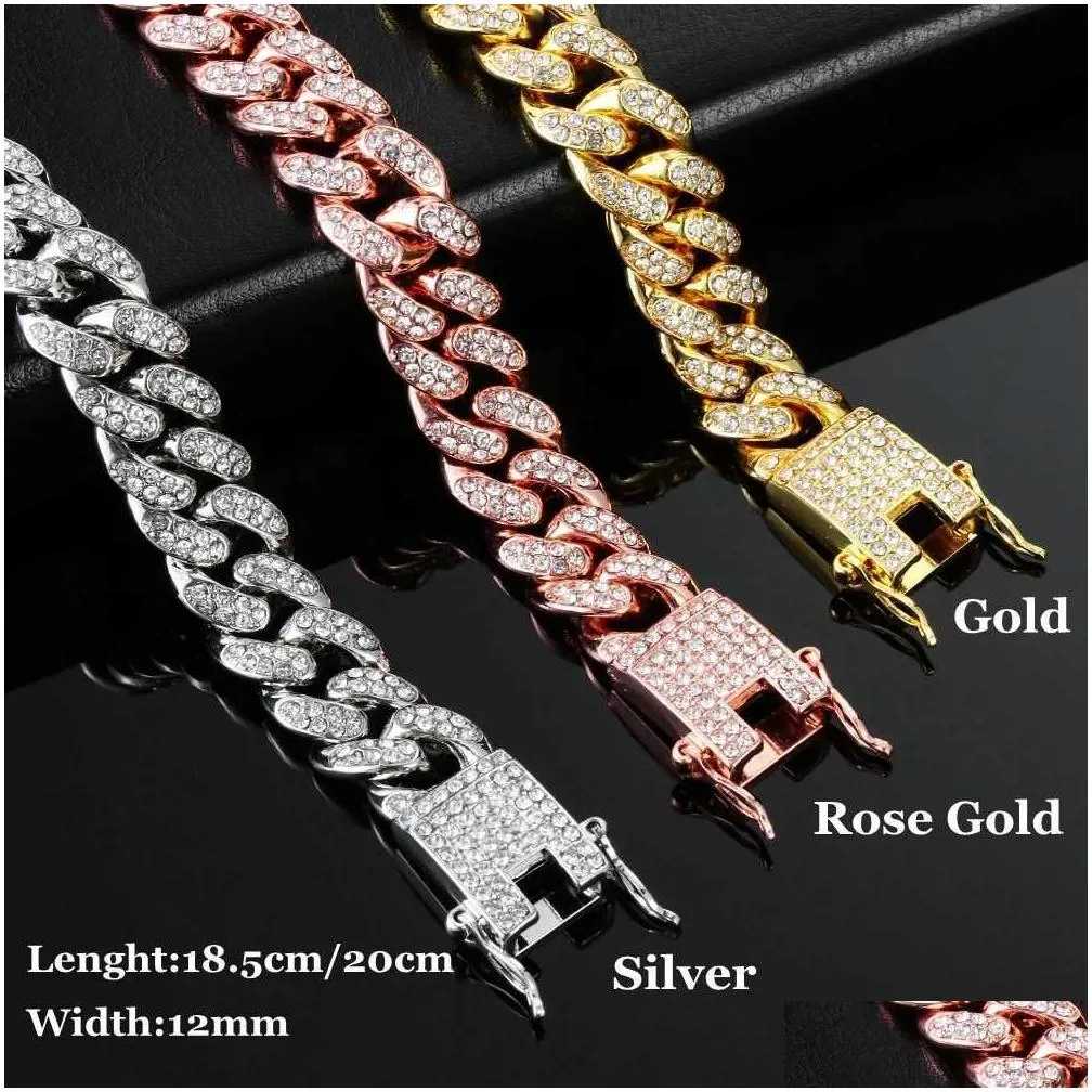 Chain Hiphop Men Women 1M Prong Cuban Link Bracelet Bling Iced Out 2 Row Rhinestone Paved  Rhombus Jewelry Drop Delivery Ott86