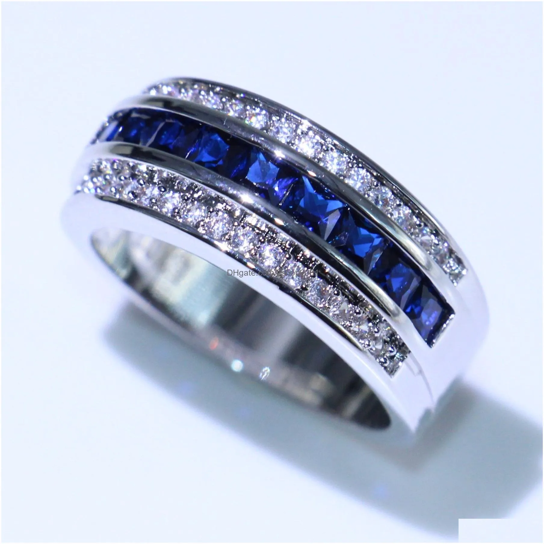 choucong arrival fashion jewelry 10kt white gold fill princess cut blue sapphire cz diamond men wedding band ring for