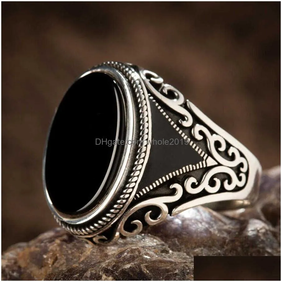 Band Rings Turkish Signet For Men Ancient Sier Color Carved  Ring Mystic Zircon Inlay New Punk Drop Delivery Jewelry Dhdp0