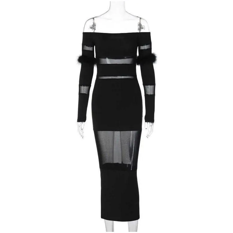 women`s 2023 autumn new fashion splice mesh one shoulder long sleeve dress for women