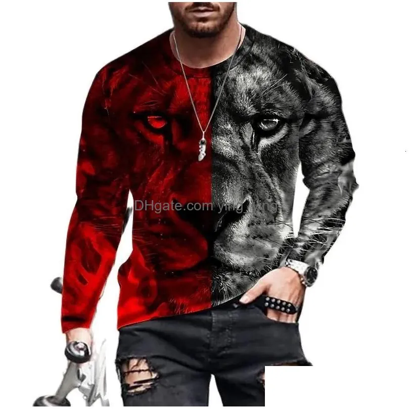 mens t-shirts vintage print t-shirt 3d tiger  shirt animal long sleeve loose o- neck summer cotton tops oversized 5xl clothes
