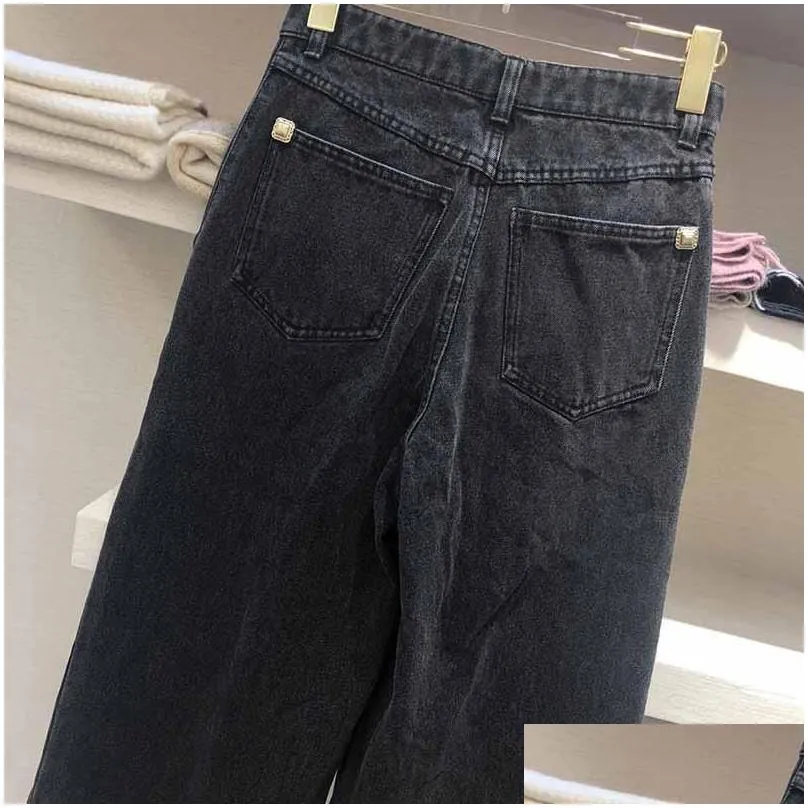 Women`S Jeans Cosmicchic Black High Waist Gold Buttons Women Trousers Ankle-Length-Pants Wide-Leg-Pants Runway Autumn Winter Casual D Dhyzn