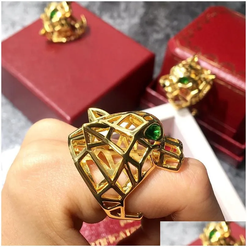 Band Rings Top Quality Hyperbole Green Eye Crystal Stone Vacuum Plated Gold Stainless Steel Leopard Ring For Men Women Fashion Jewelr Dh8Hb