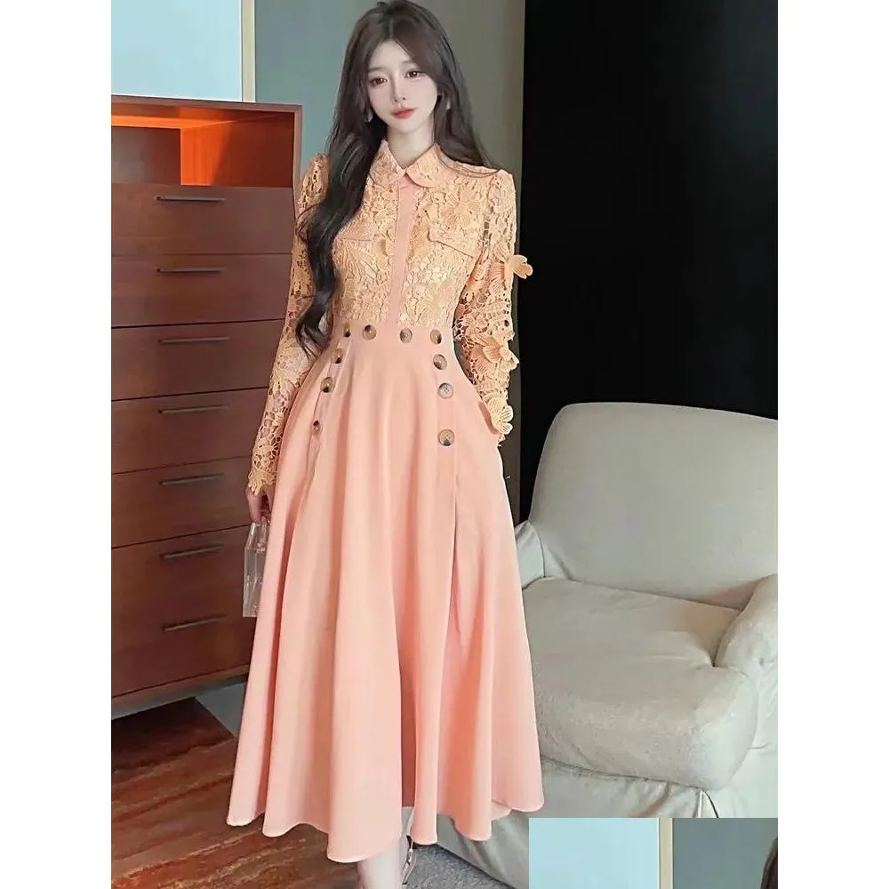 basic casual dresses high-quality new autumn winter lace hollow out embroidery full sleeve dress 3d butterfly slim waist runway long dress