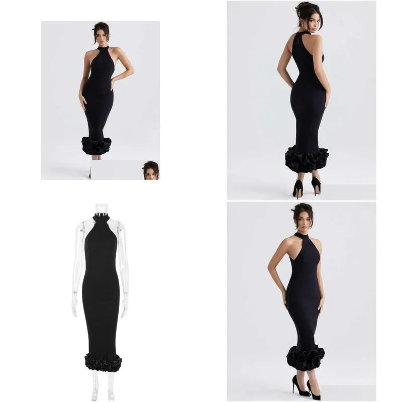 female new elegant celebrity party dress runway outfits wear 2023 luxury design vintage black cocktail midi dress