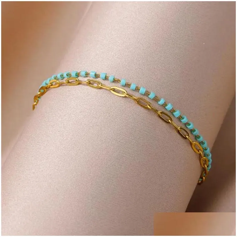 Anklets for Women Summer Beach Accessories Boho Colorful 14k Yellow Gold Two Layer Chain Anklet Leg Bracelets Fashion Jewelry