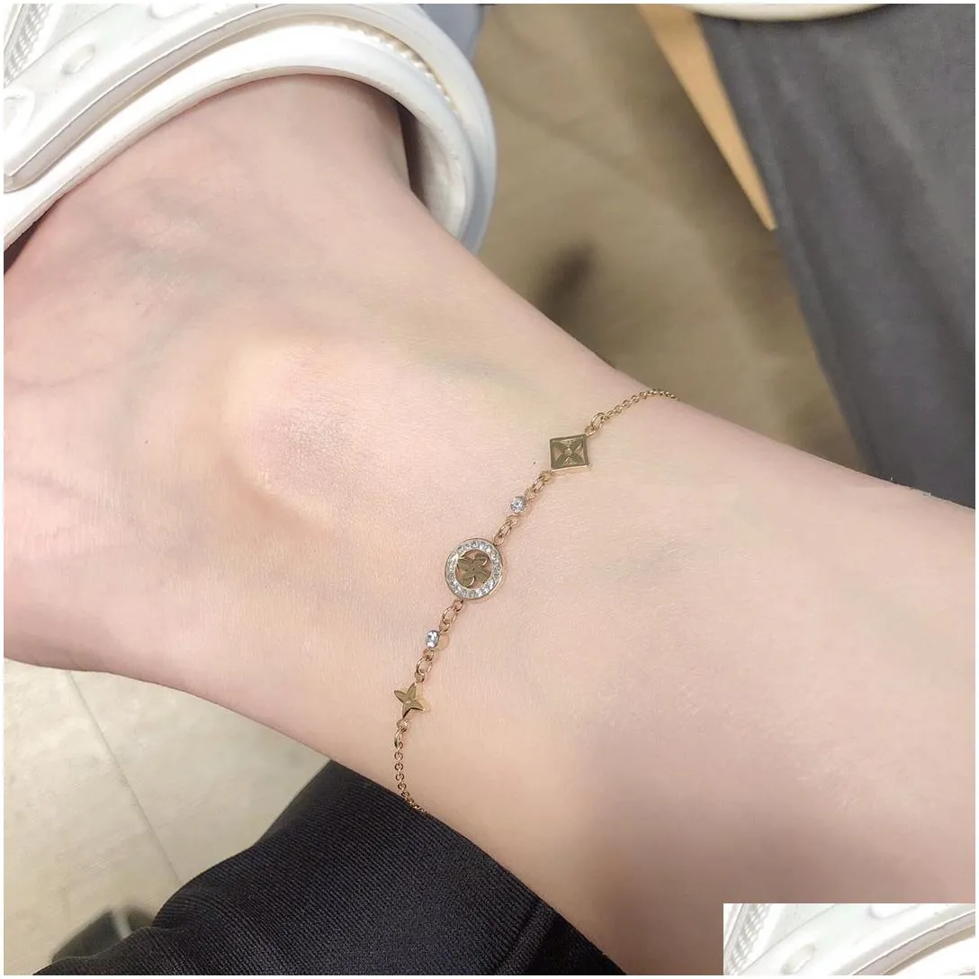 23ss 11style Women 18K Gold Plated Stainless Steel Anklets Crystal Lovers Gift Wristband Cuff Chain Wedding Jewelry Accessories
