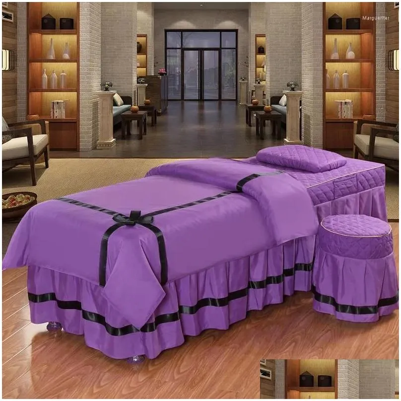 Bed Skirt Four-Piece Set Of Cotton Pillow Stool Quilt Mas Er Bedspread With Patio Face Bow Tie Home Textile Pink Purple Drop Delivery Othym