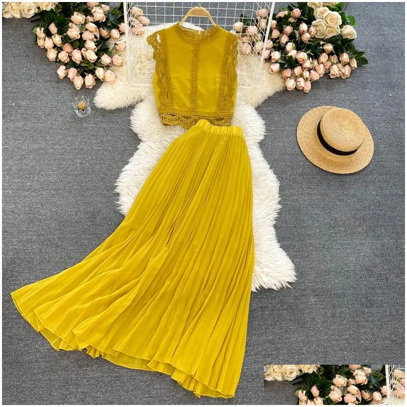 purple/yellow/red lace chiffon two piece dress women vintage beach party sleeveless short tops pleated long skirt female 2pcs suit