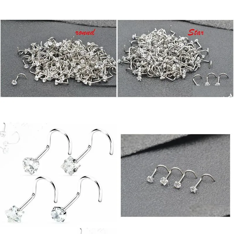 Nose Rings & Studs 50Pcs/Lot Cz Stud Screw Steel Ring Piercing Shine Heart/Square/Round/Star 20G 220228 Drop Delivery Jewelry Body Dh6Xz