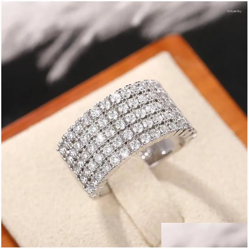 Cluster Rings Luxury Wide White Gold Filled Promise Ring Pave Cz Stone Engagement Wedding Band For Women Bridal Jewelry Drop Delivery Dhqlh