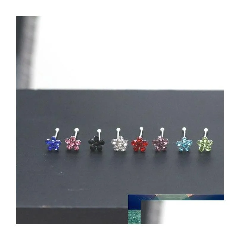 20Pcs/Box Body Nose Piercing Jewelry Rings Studs For Women Colored Crystal Flower Nail Wholesale Drop Delivery Dhc9M