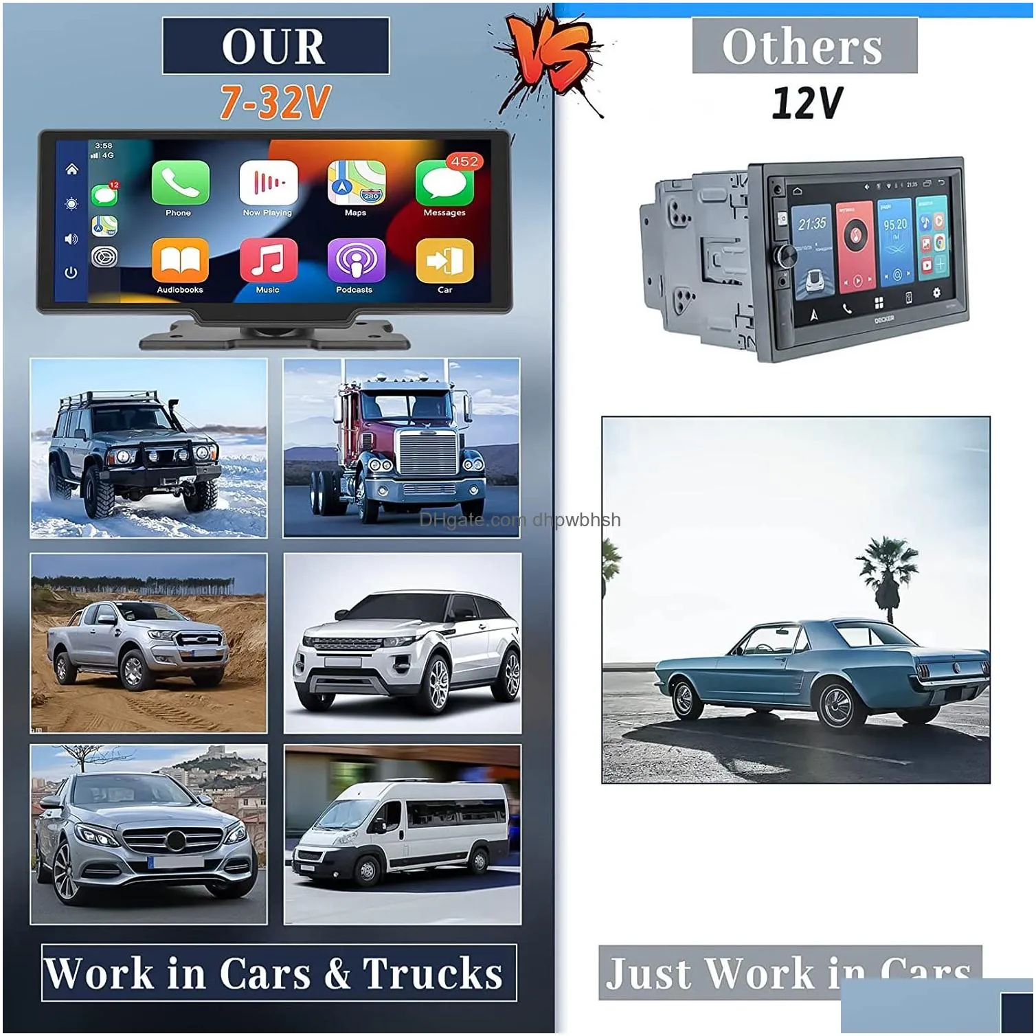 Car Video 10.26 Inch Wireless  Android Ips Touch Sn Stereo With Backup Camera Bluetooth Radio Receiver Support Siri/ Assistant Dr Dhtly