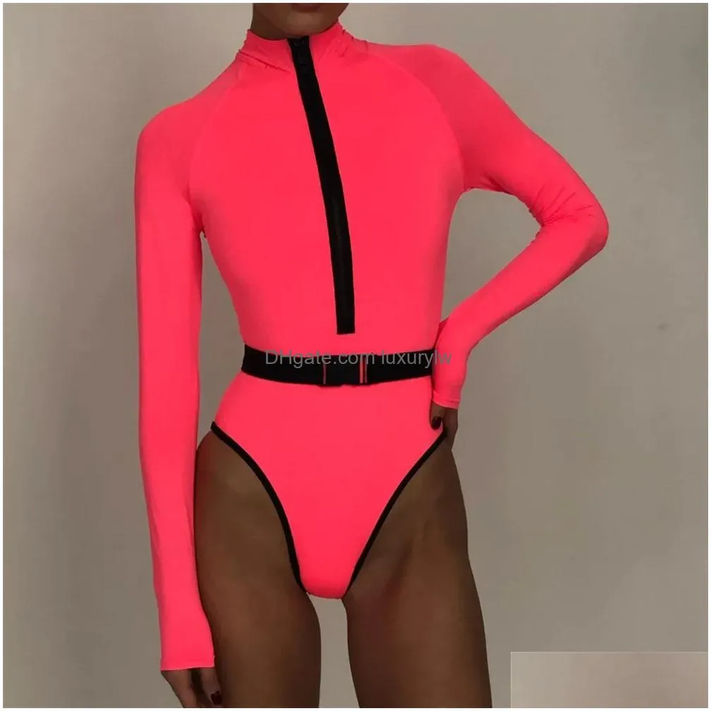 One-Piece Suits Selling European And American Ladies Long-Sleeved Surit Fluorescent Zipper Swimsuit Belt Swimsuits Candy Color Wetsuit Dhdj9