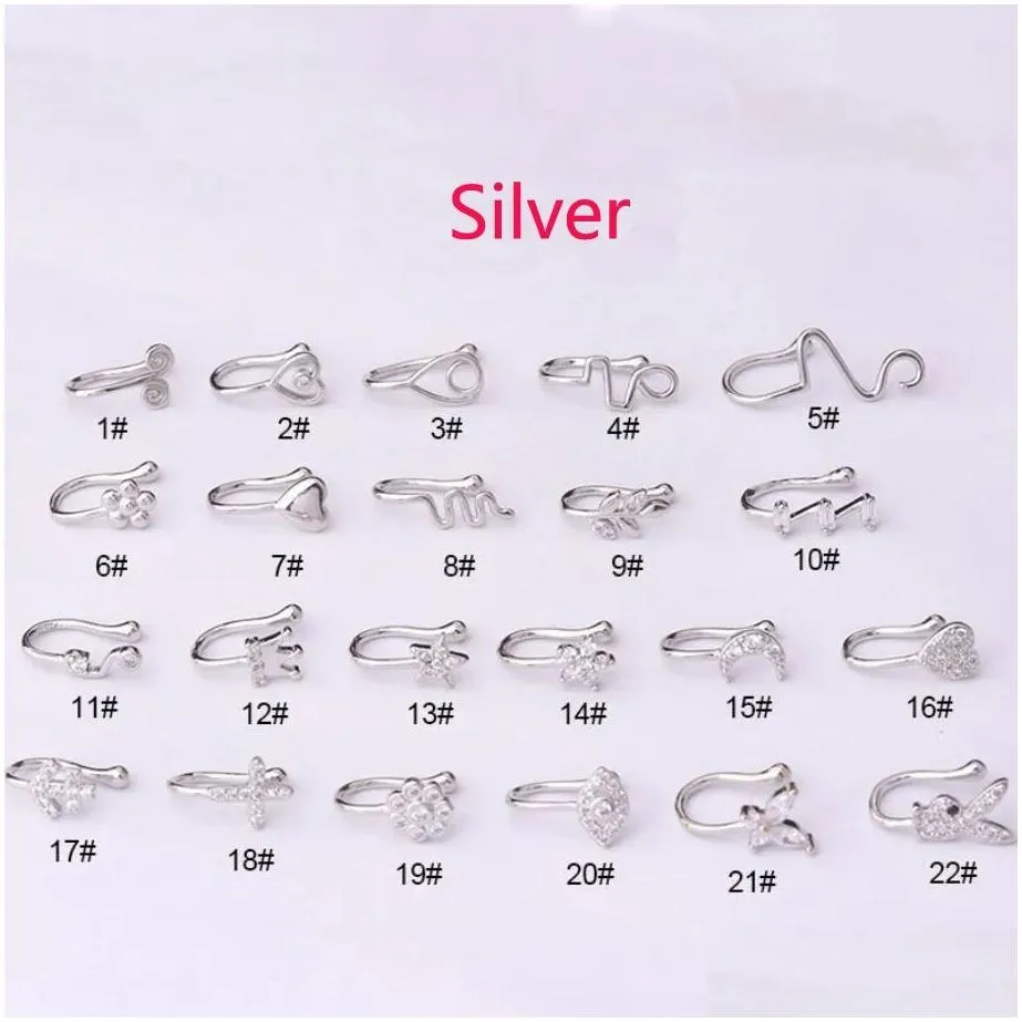 Gold Fake Piercing Clip Nose Ring Cuff Body Jewelry For Women New Trend Ear Cuffs Heart Cross Flowers Rings 22 Styles Drop Delivery Dhsrk