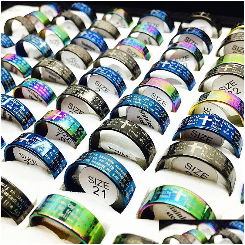 wholesale 100pcs lords prayer in english cross stainless steel rings men women fashion god the serenity prayer ring mix colors