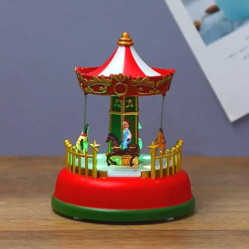 Navidad Decor Christmas Village Glowing Music House Carousel Ferris Wheel Tree Decoration Ornaments Gifts for Children 211018