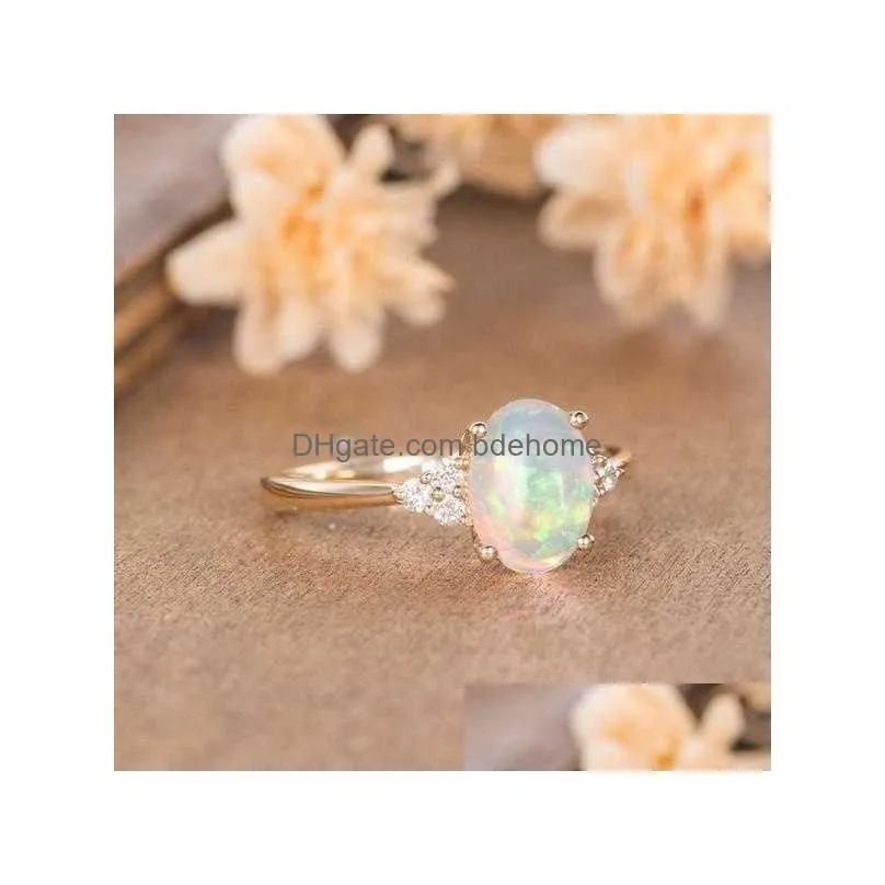 Band Rings Exquisite Fashion Opal For Women Oval Cut Cluster October Birthstone Half Eternity Wedding Party Anniversary Gift Jewelry Dhrxz