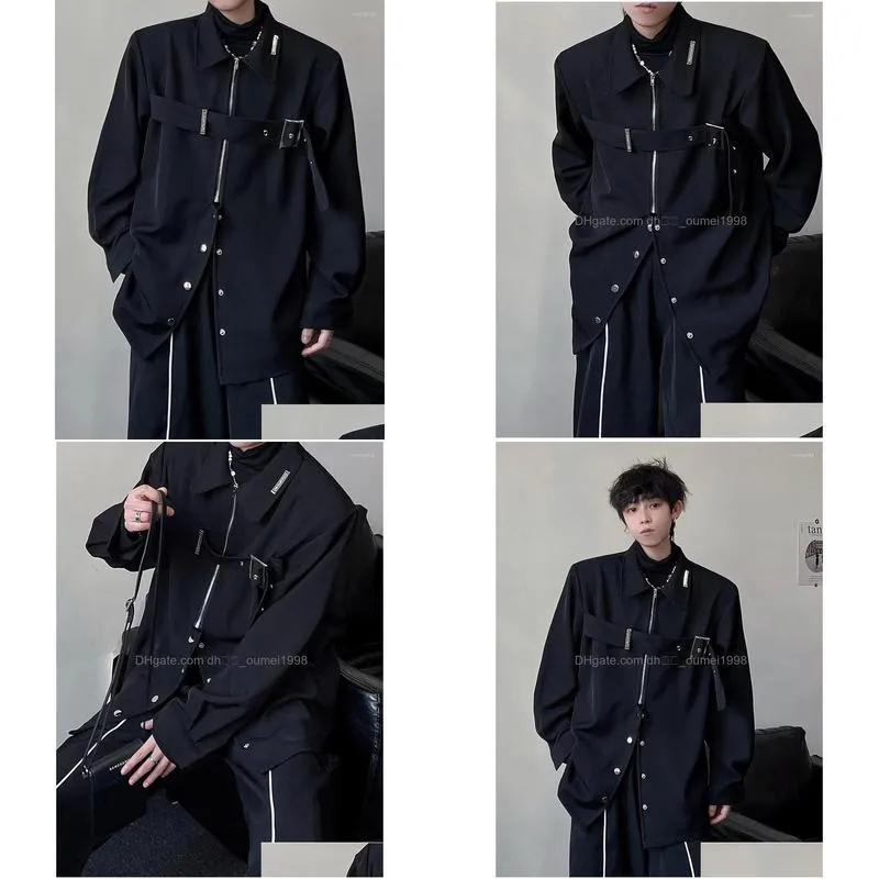 Men`S Jackets Mens Techwear Shirts Men Darkwear Hip Hop Blouses Punk Black Long Sleeve Button Up Male Zipper Harajuku Japanese Streetw Otp6D