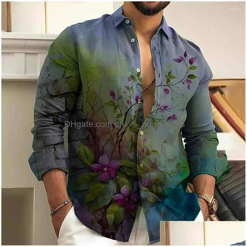 Men`S Dress Shirts Mens Floral Printing 3D Shirt Summer Long Sleeve Man Butterfly Graphic Prints Casual Holiday Short Button Drop Del Otpt3