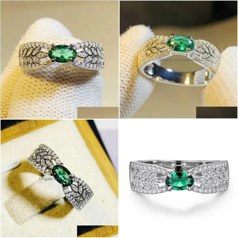 Band Rings Huitan Fancy Leaf Oval Green Cubic Zirconia Wedding For Women 2023 New Exquisite Finger Accessories Fashion Jewelry Drop D Dh0Xi