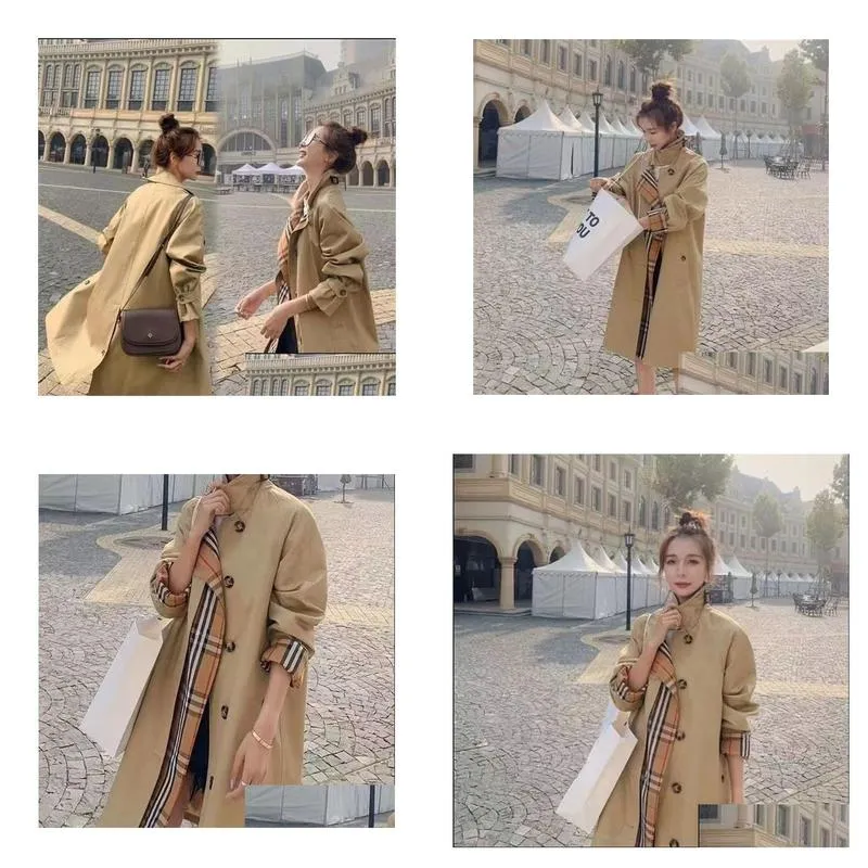 Designer 2022 Trench Coat European and American Luxury Plaid Style Fashion Stitching Fake Two Loose Women`s Mid-Length Trench Coats