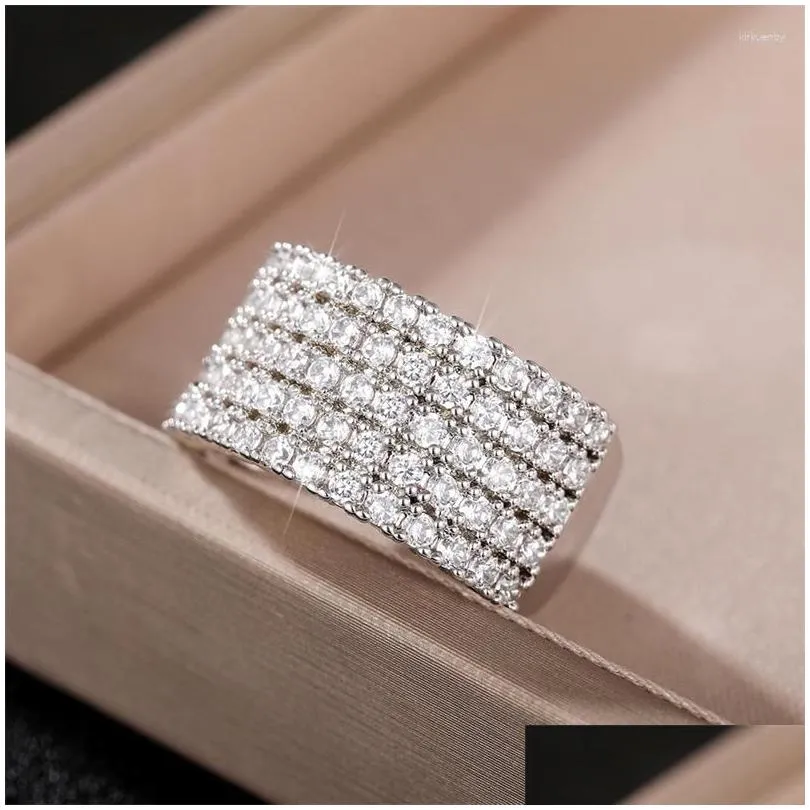 Cluster Rings Luxury Wide White Gold Filled Promise Ring Pave Cz Stone Engagement Wedding Band For Women Bridal Jewelry Drop Delivery Dhqlh