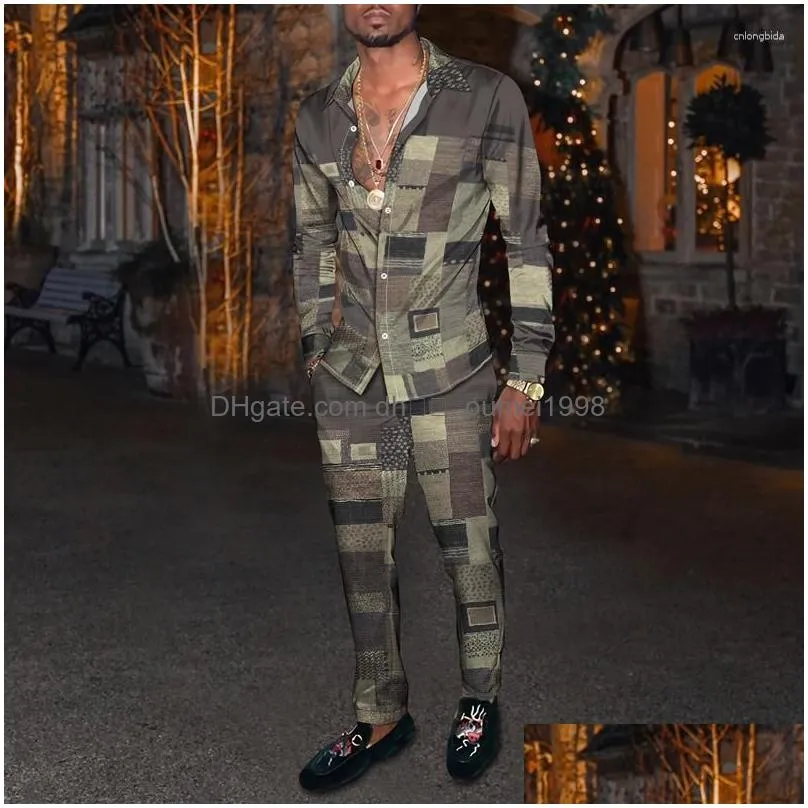 Men`S Tracksuits Mens 2023 Four Seasons Latest Square Patterned Striped 3D Long Sleeved Shirt/Paired With Casual Pants Two-Piece Set Otido