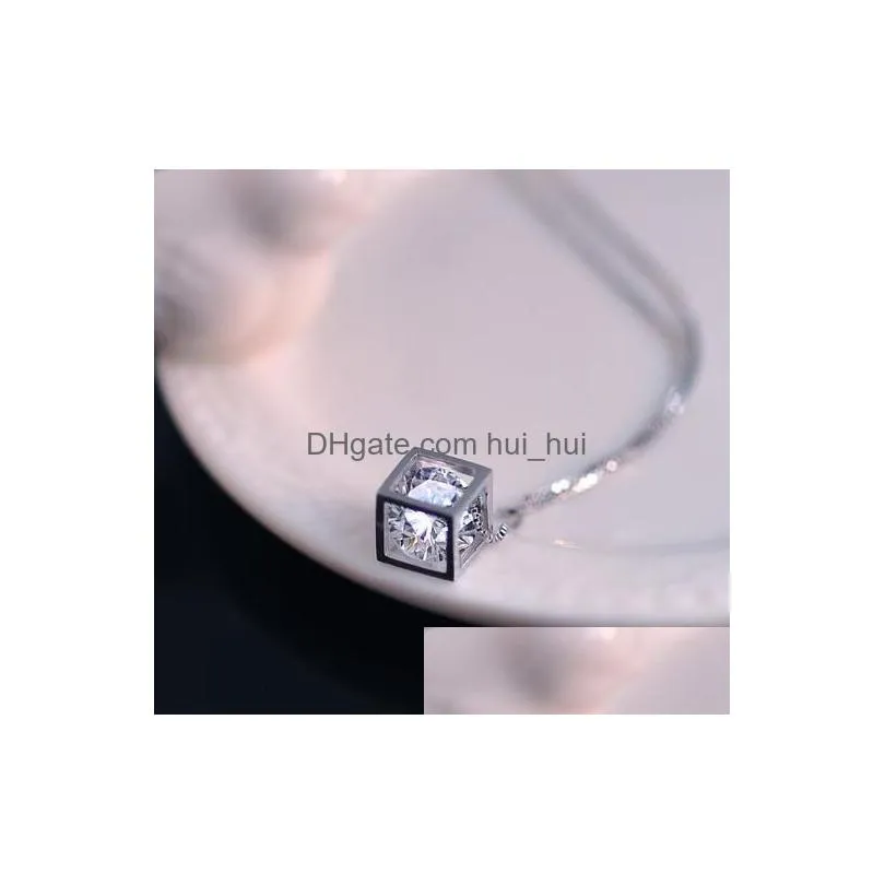 Pendant Necklaces 925 Sterling Sier Love Cube Diamond S925 Crystal Shining Square Statement Link Chans Choker Necklace Wedding Vinta Dhtak