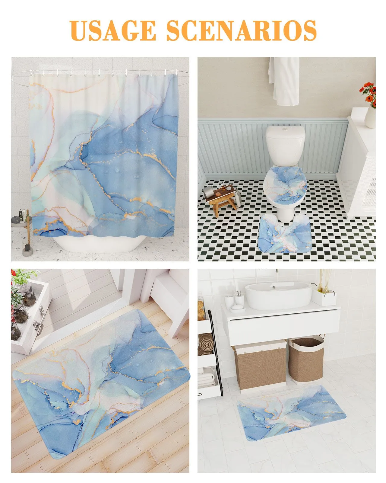 Toothbrush Holders Blue Marble Waterproof Bathroom Shower Curtain Bath Toilet Cover Mat Rug Carpet Set Home Accessories 230809