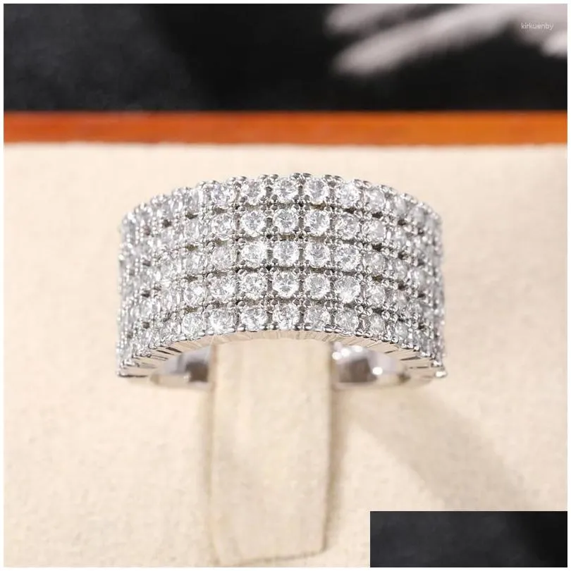 Cluster Rings Luxury Wide White Gold Filled Promise Ring Pave Cz Stone Engagement Wedding Band For Women Bridal Jewelry Drop Delivery Dhqlh