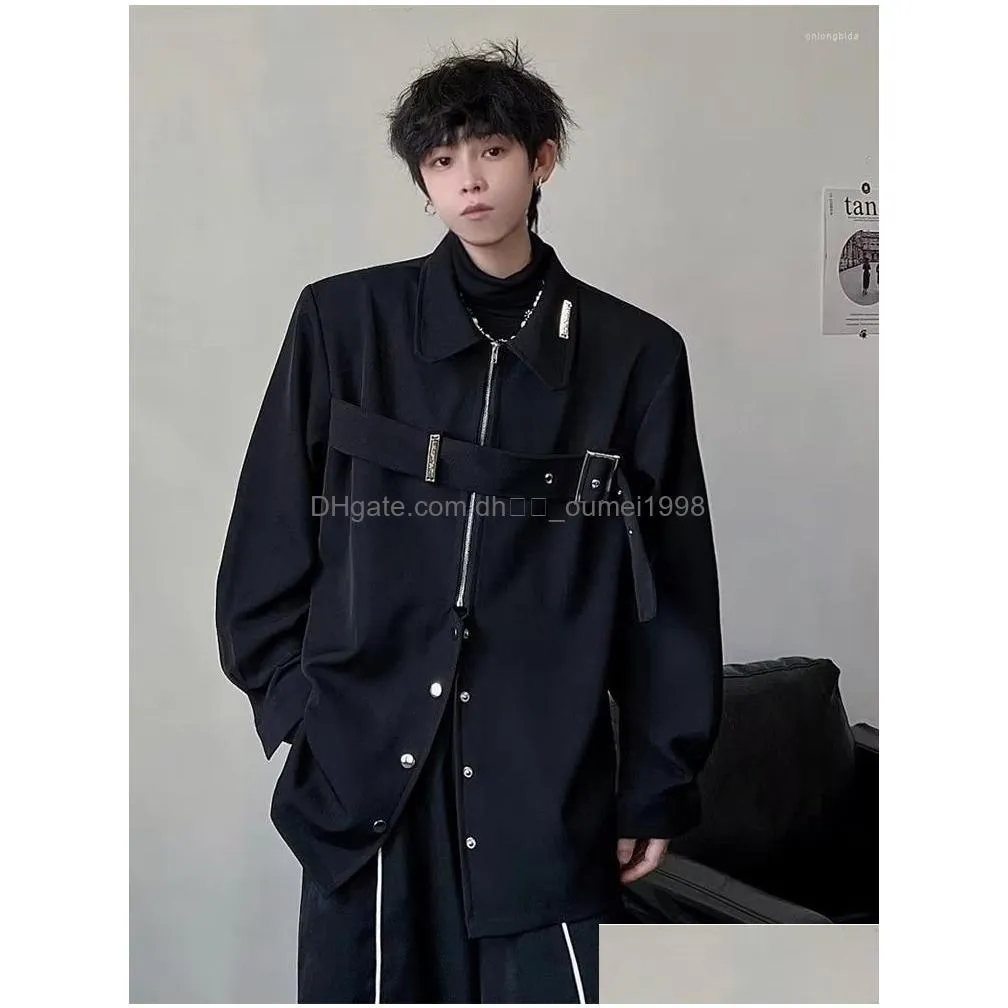 Men`S Jackets Mens Techwear Shirts Men Darkwear Hip Hop Blouses Punk Black Long Sleeve Button Up Male Zipper Harajuku Japanese Streetw Otp6D