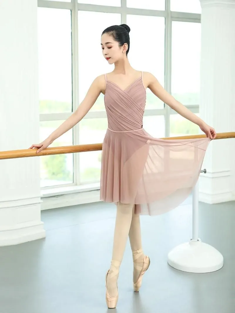 Stage Wear Ballet Leotards For Women Pleated Camisole Ballerine Femme Mesh Middle See-through Vestidos Tutu Skirts Adult Dance