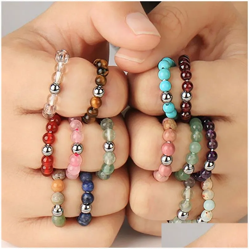 4Mm Natural Energy Stone Bead Sier Plated Handmade Elastic Band Rings For Women Girl Party Club Decor Jewelry Drop Delivery Dhnvf