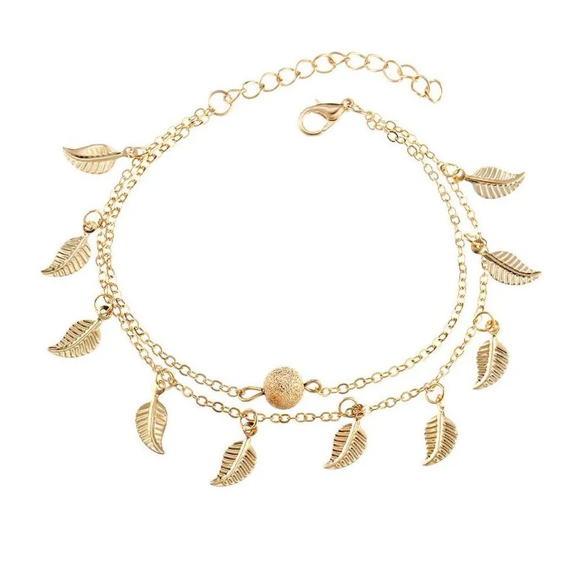 Leaf Charm Anklets Real Pos Chain Ankles Bracelet Fashion 18K Gold Alloy Ankle Bracelets Foot Jewelry Drop Delivery Dhcdi