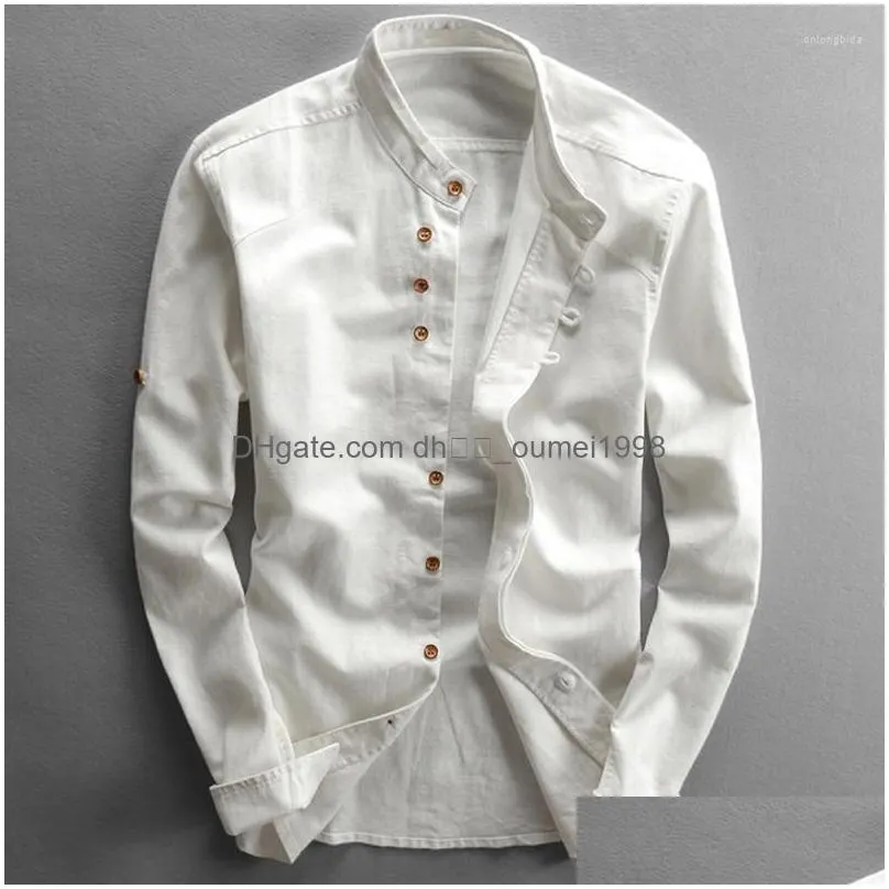 Men`S Casual Shirts Mens Spring Autumn Solid Japanese Style Linen Cotton Breathable Stand Collar Long Sleeve Slim Fit Classical Tops Ot1Vm