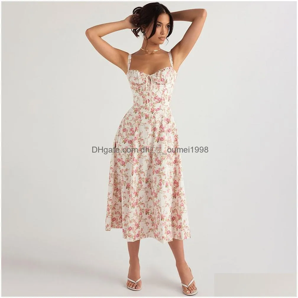 Basic & Casual Dresses Corset Dress Split Skirt Bow Tie Chest Frill Details Print Floral Midi Back Lace Up Robe Clothing Womens Summe Otk9D